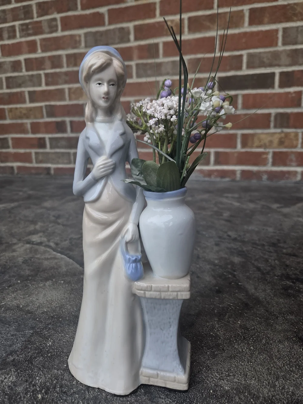 Porcelain Lady Figurine Vase in Cream and Light Blue